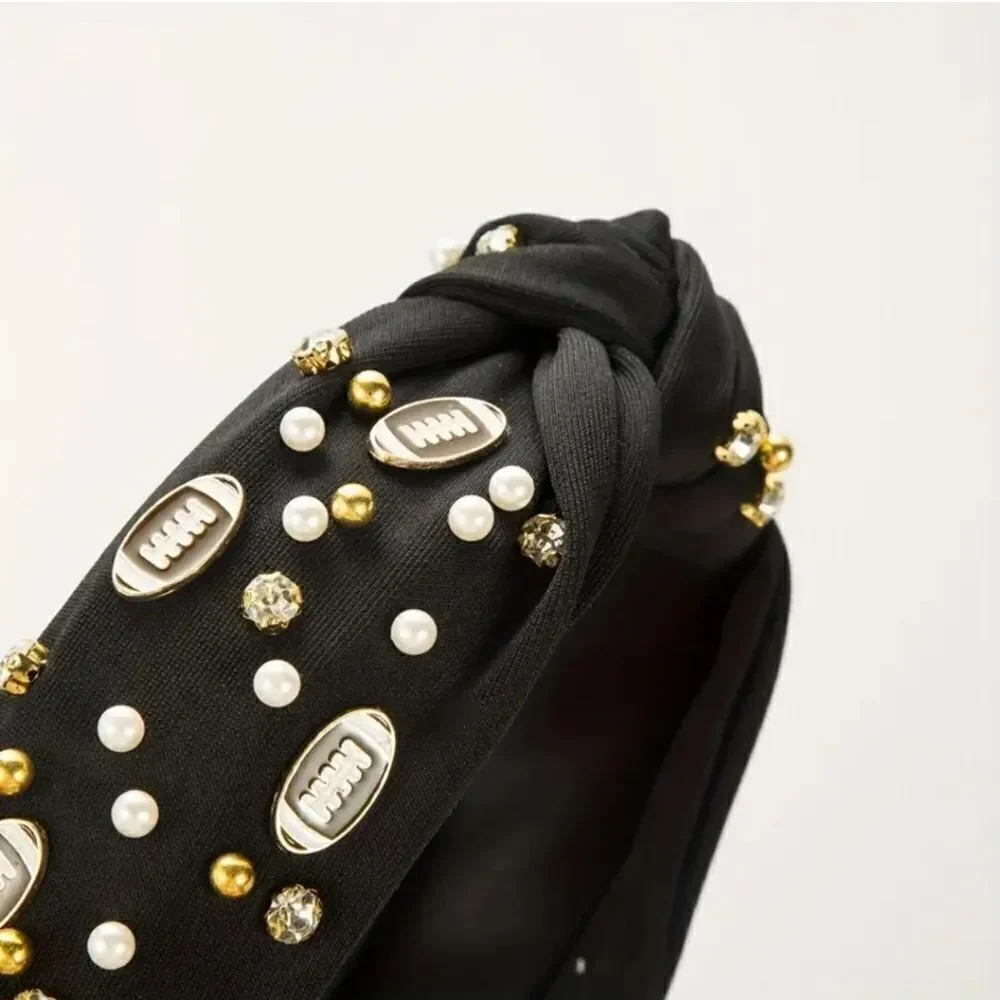 FOOTBALL SPIRIT WIDE BLACK JEWELED HEADBAND
